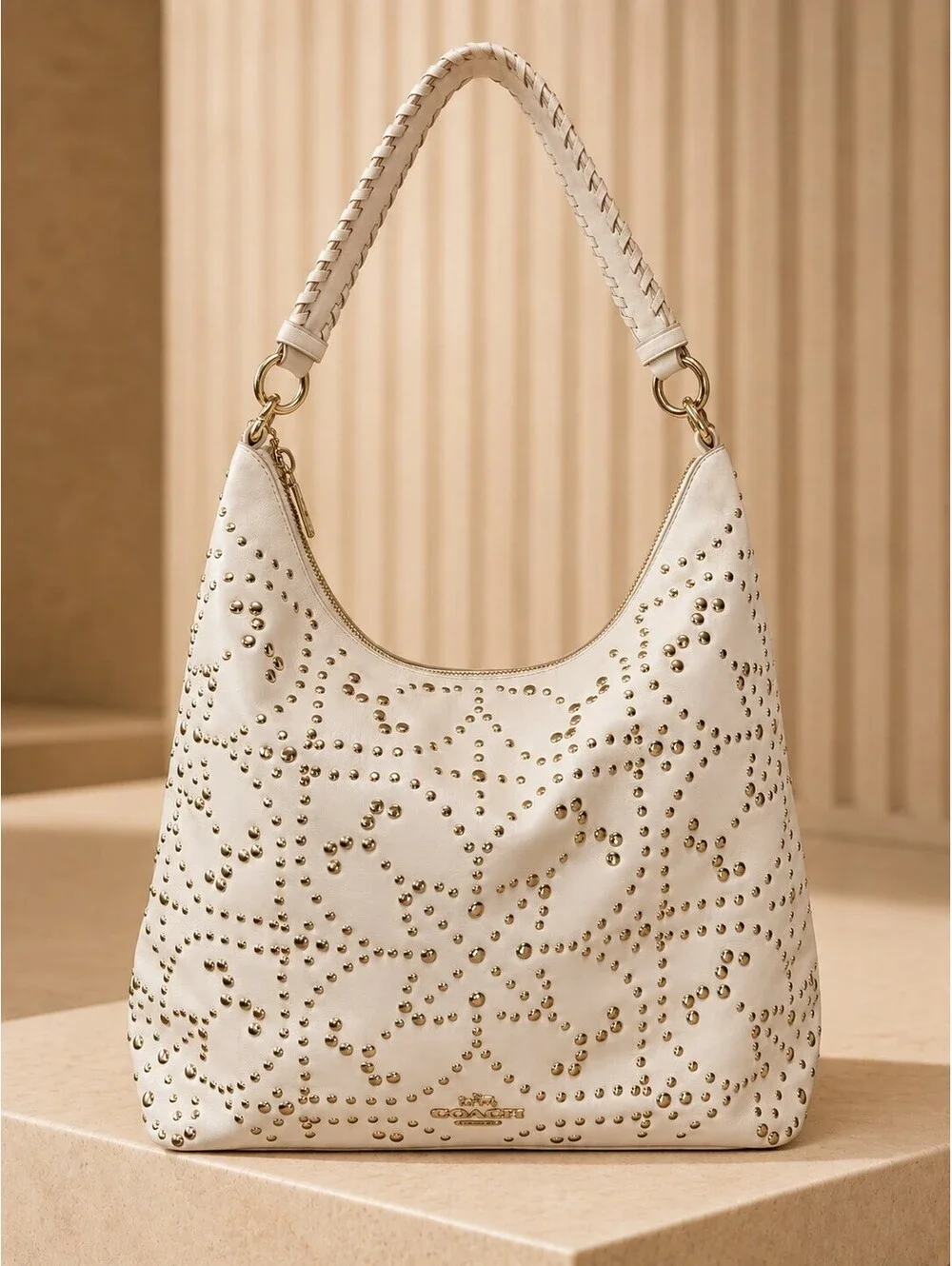 Coach Studded Leather Hobo Bag White Medium Shoulder Purse